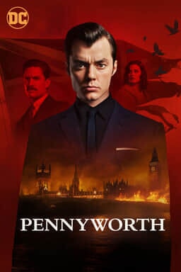 Pennyworth: Season 2 - Jack Bannon looking serious into camera with flag and red background mansion