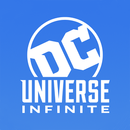 DC Universe Infinite - White logo stacked with blue background
